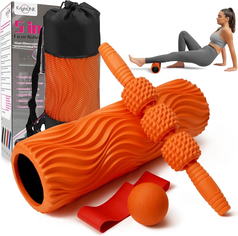 Krightlink 5-in-1 Foam Roller Set, Massage Roller Stick, Massage Ball, Resistance Band for Deep Muscle Massage, Trigger Point Release, Pilates, Yoga (Orange-Wave) - Image 1